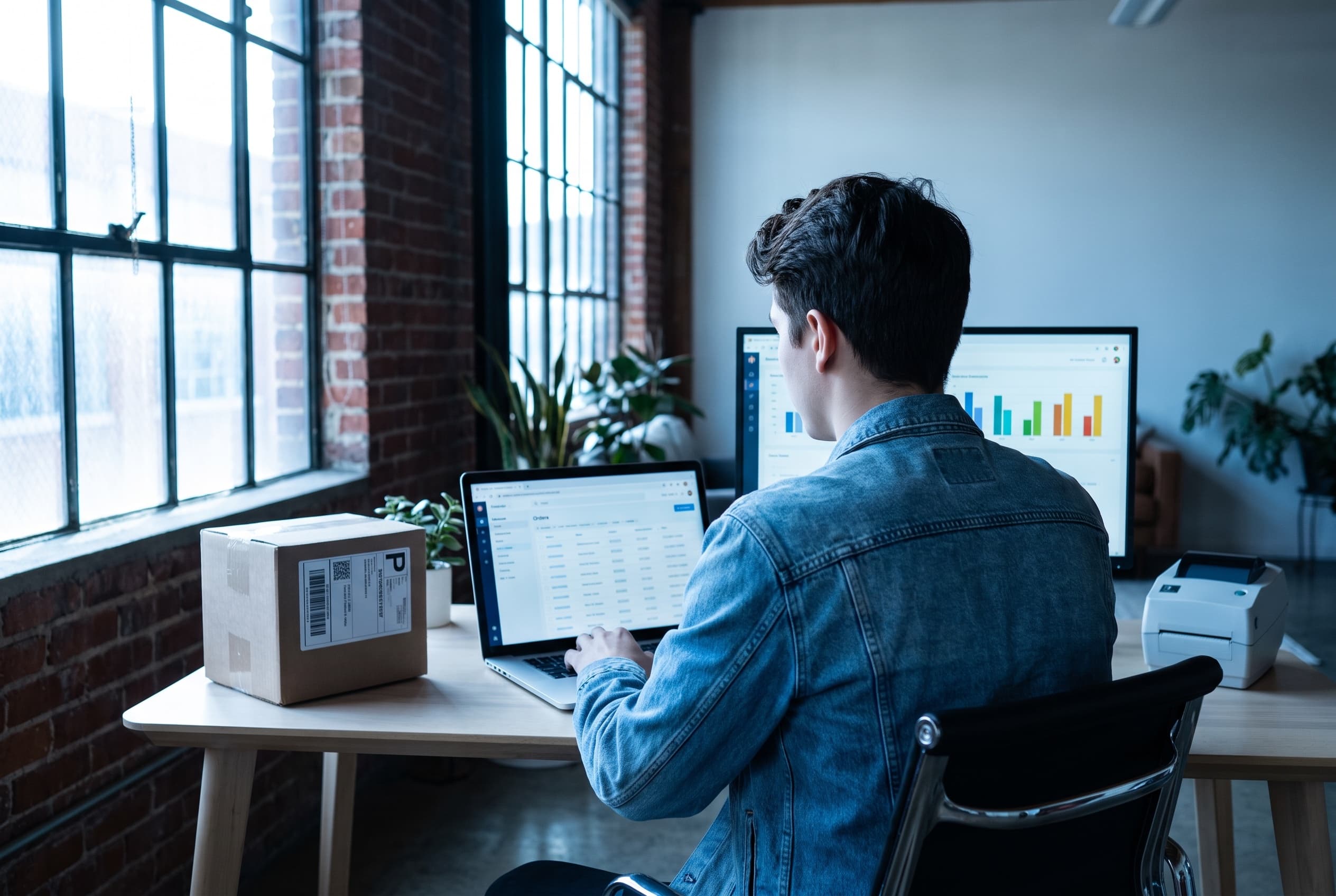 Gründer am Schreibtisch mit Shopify-Bestellübersicht auf dem Laptop, Versandkarton und Thermodrucker daneben