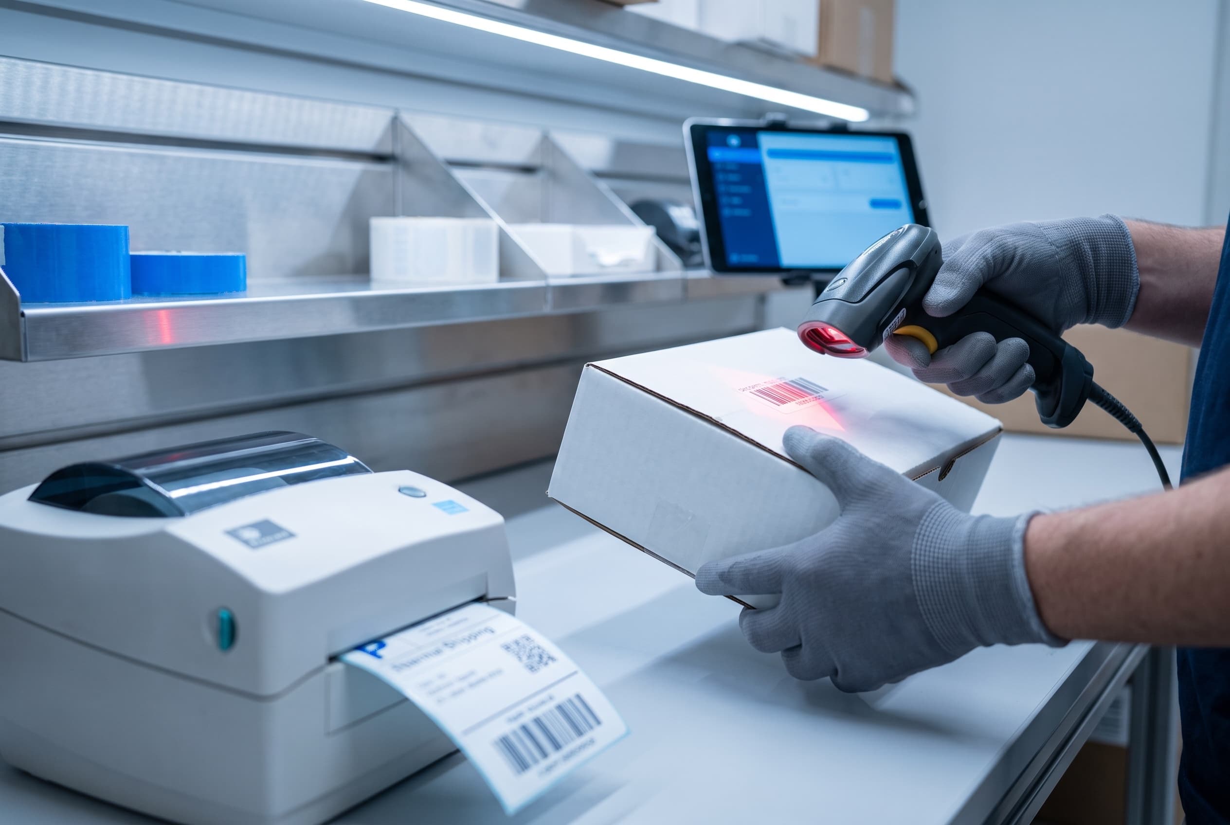 Hände scannen einen Barcode an einer Packstation, Thermodrucker druckt ein Versandlabel