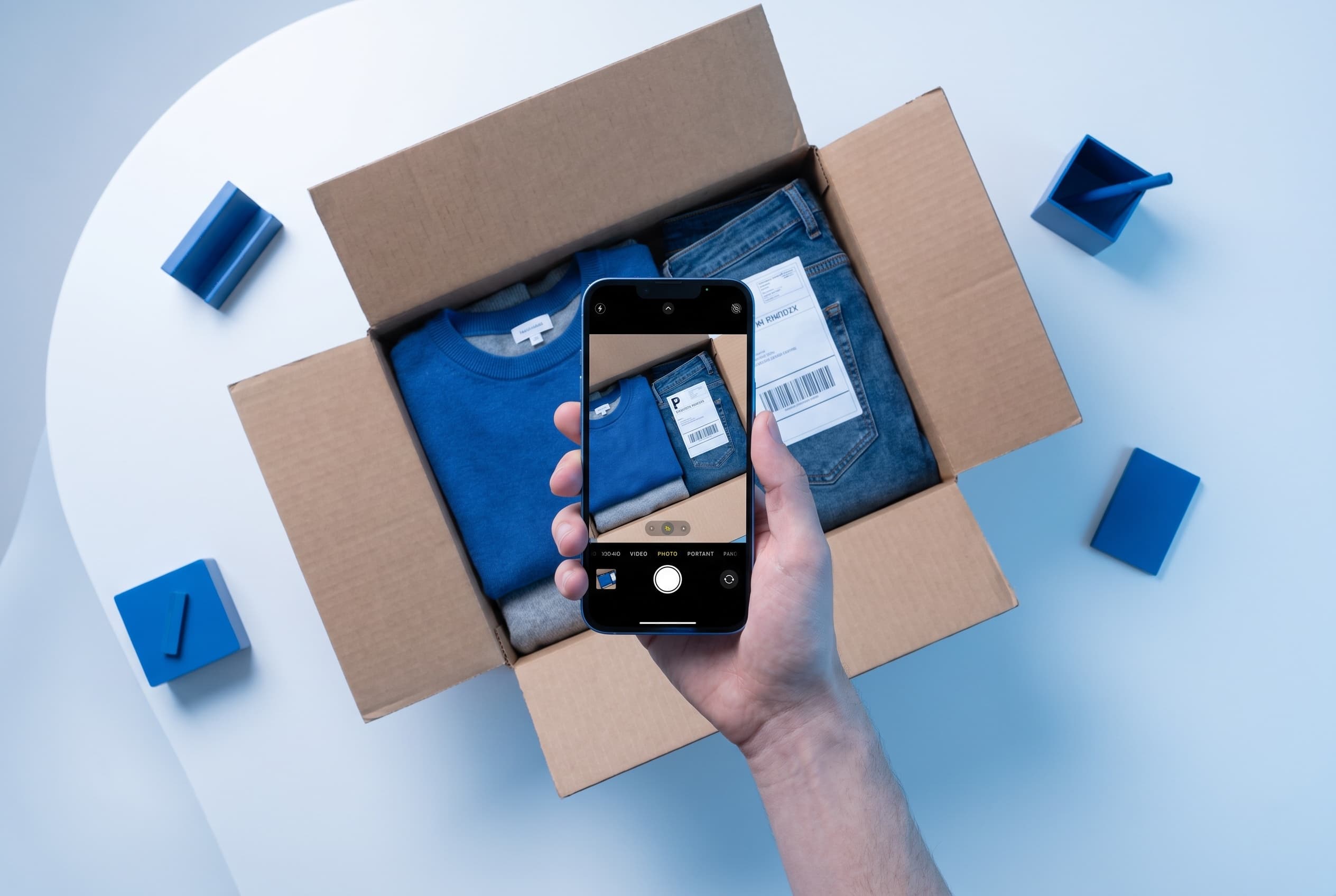 Von oben fotografiertes geöffnetes Retourenpaket, Smartphone macht ein Foto der gefalteten Kleidungsstücke